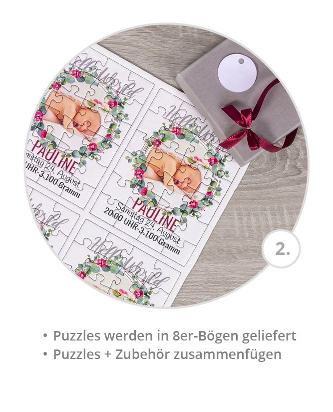 Geburtskarten oder Taufeinladungen als Puzzle gestalten; 8er-Set; passendes Zubehör